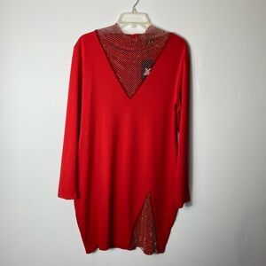 Red Long Sleeve Dress with Mesh Detail